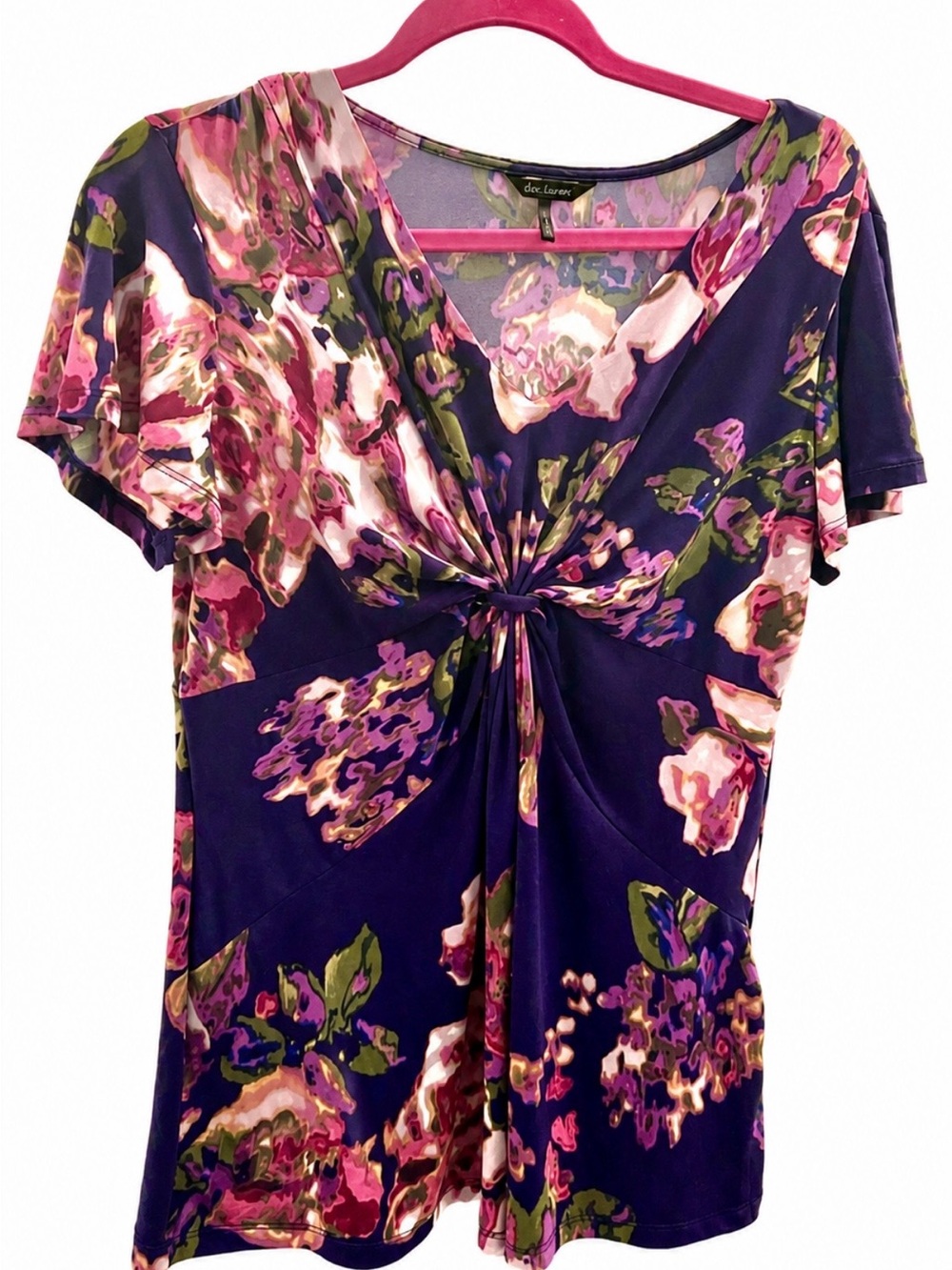 Daisy Fuentes Purple Floral Twist-Front Short Sleeve Top